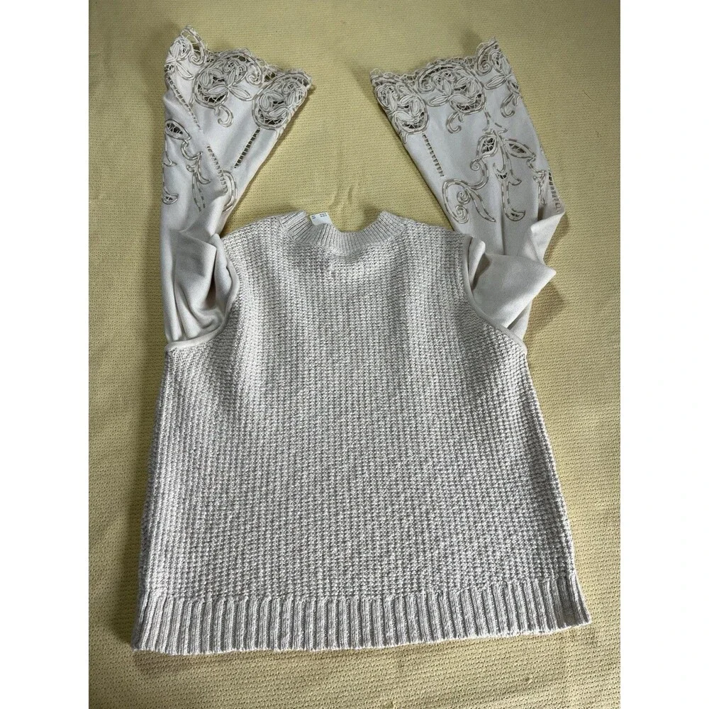 Anthropologie Textured Eyelet Twofer Sweater Vest Top Embroidered Beige Sz XL - Picture 6 of 11